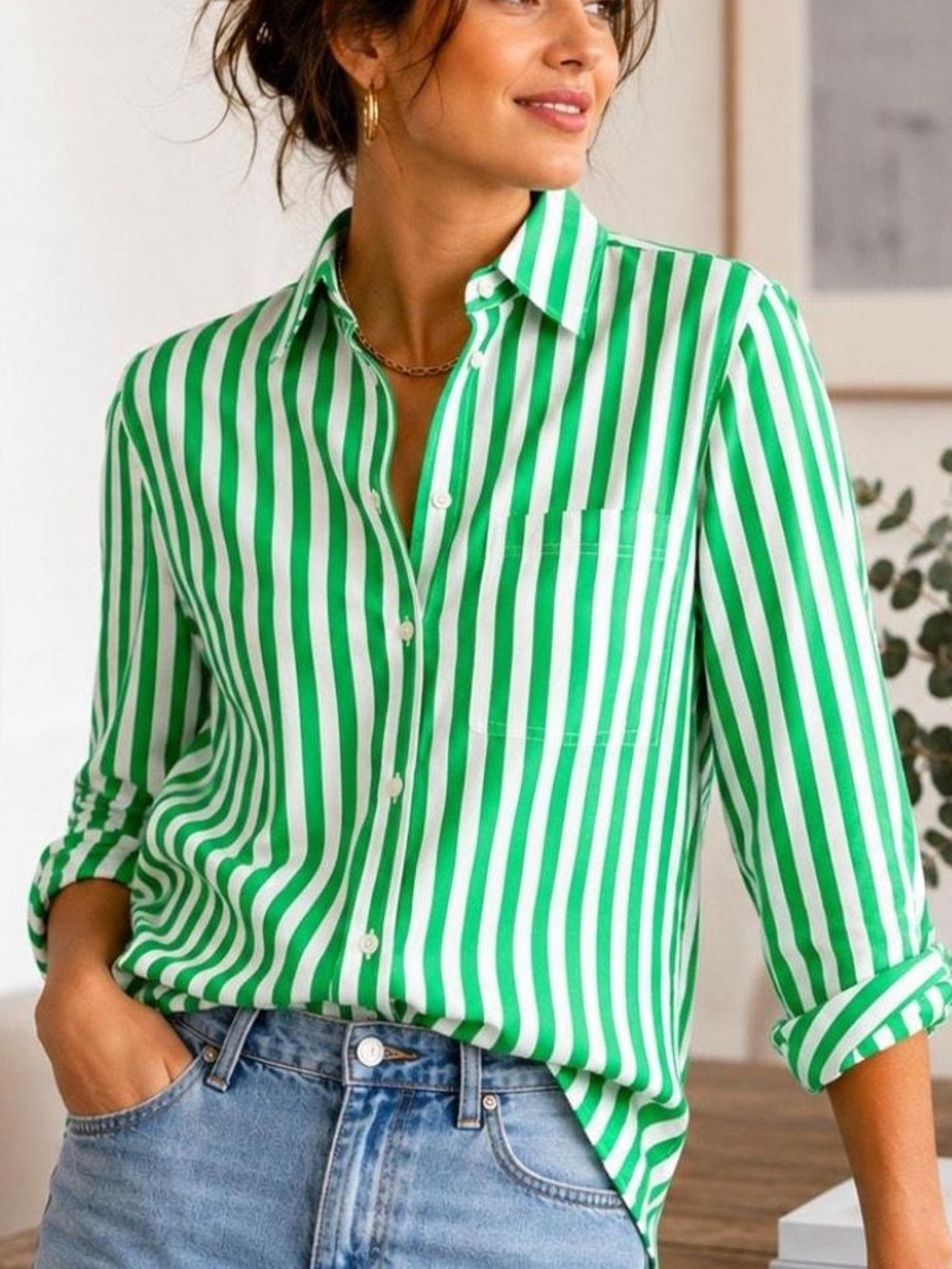 J. Crew Organic Cotton Garçon Green and White Vertical Stripe Button-Down Shirt